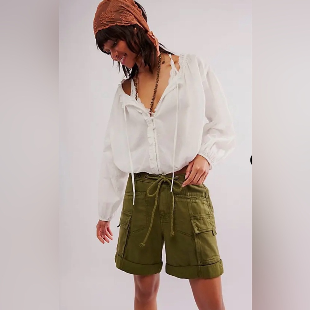Free People Frankie Washed Shorts Cargo Drawcord Smocked Waist Garden Snake
